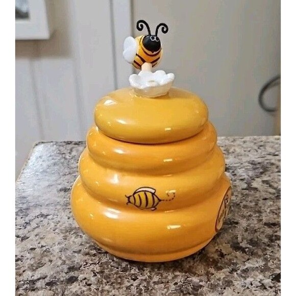 Honey Miel ( French) Ceramic Beehive Jar Pot w Wood Bumble Bee Dipper 3" Kitchen - Picture 2 of 7